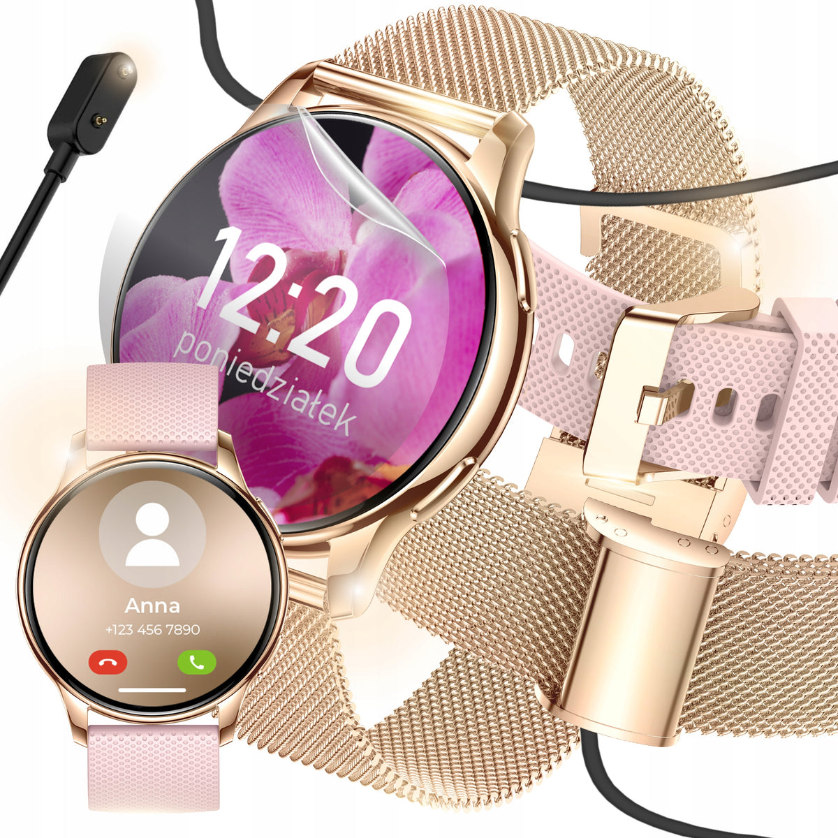 SMARTWATCH ZEGAREK DAMSKI POLSKIE MENU ROZMOWY POWIADOMIENIA SPORT ZŁOTY